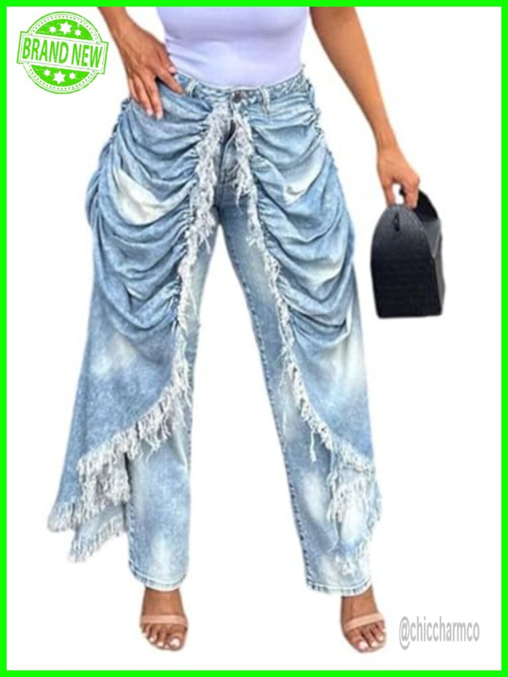Women's High Waisted Patchwork Wide Leg Cargo Harem Jeans Frayed Fringe